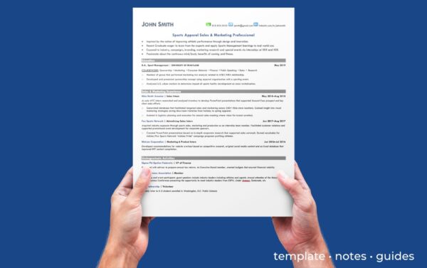 A dark blue background with a graduate resume template being help up by two hands