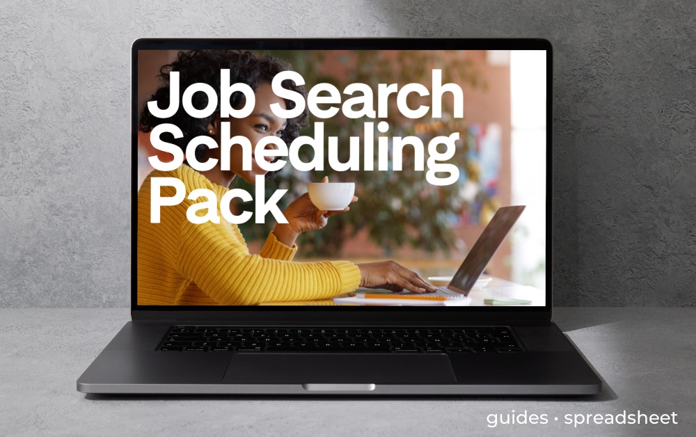 An Apple Macbook on a grey table. The screen shows a woman in a yellow jumper drinking a cup of coffee and working on a laptop. The text on the image says Job Search Scheduling Pack.