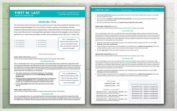 Two page professional resume template in teal