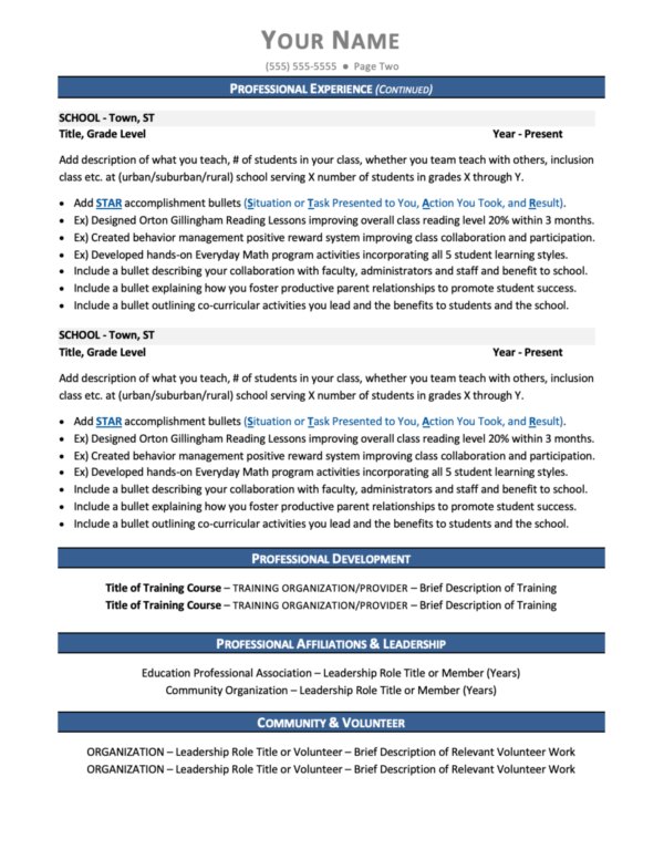 Teacher Resume Page Two Job Search Journey