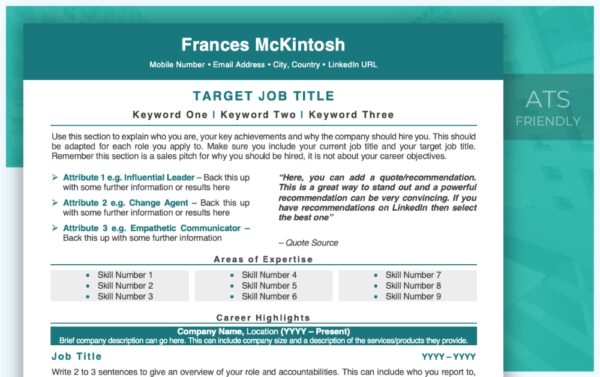 Professional Resume Template - Teal - Job Search Journey