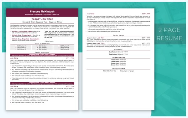 A two-page professional resume template from Hannah Mason and Job Search Journey