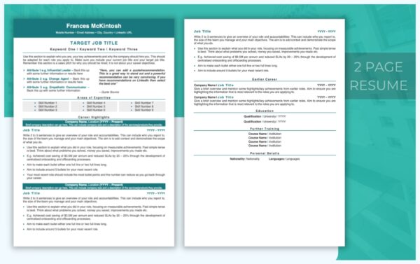 Two Page Professional Resume Template - Teal - Job Search Journey