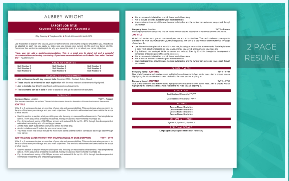 Modern Resume Template in Red - Instant Download