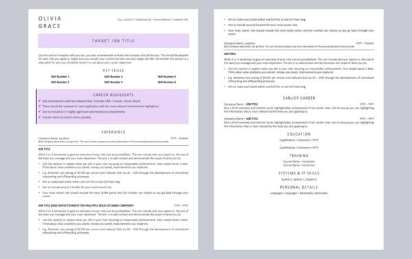 Two Page Designer Resume Template in Purple on Grey Background