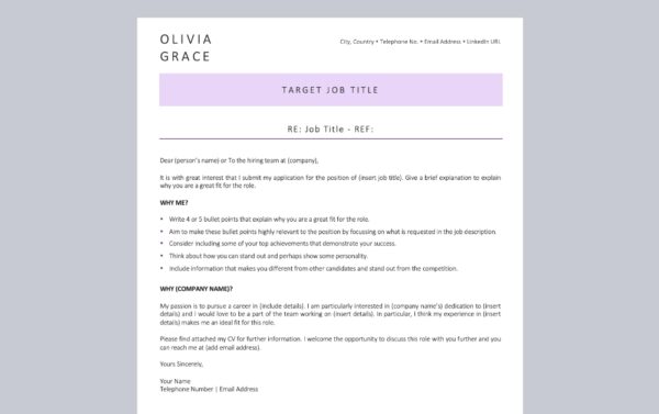 Designer Cover Letter Template in Purple on Grey Background