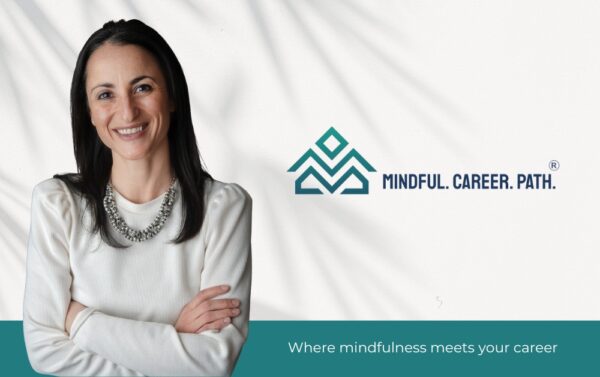 Alicia Ramsdell stands against a black backdrop. The text next to her reads Mindful Career Path - Where mindfullness meets your career.